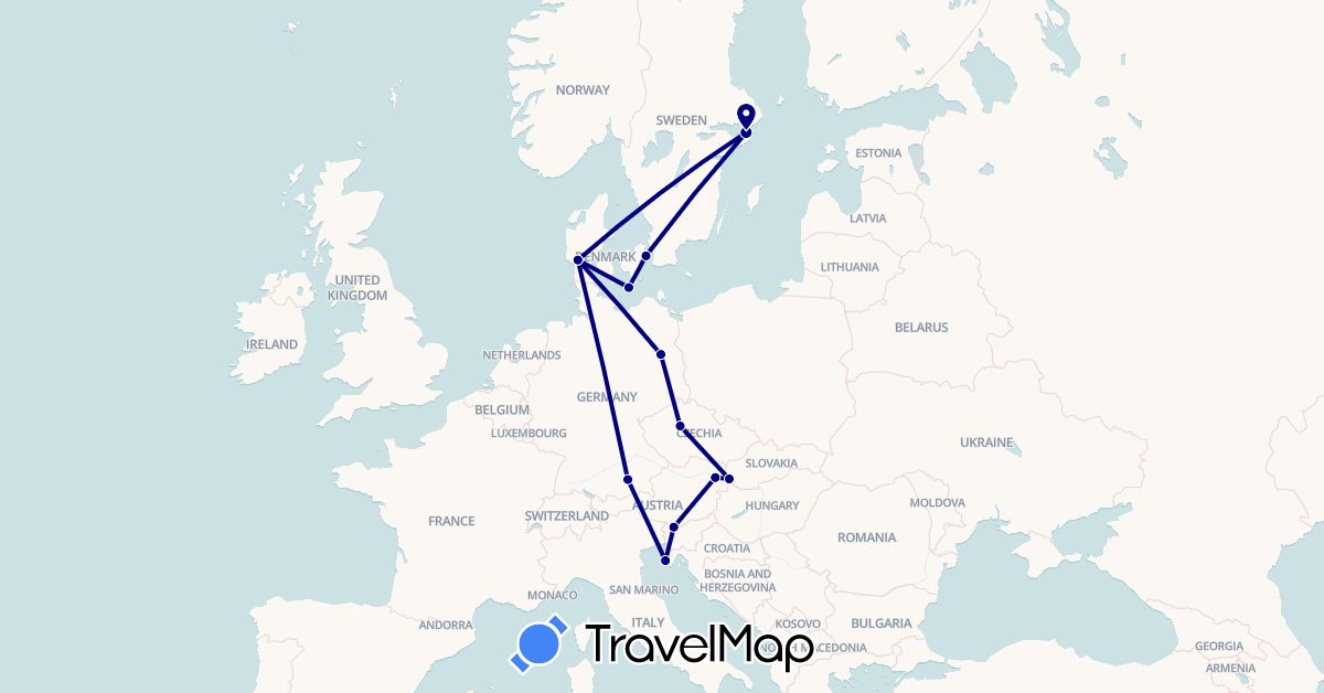 TravelMap itinerary: driving in Austria, Czech Republic, Germany, Denmark, Croatia, Sweden, Slovenia, Slovakia (Europe)